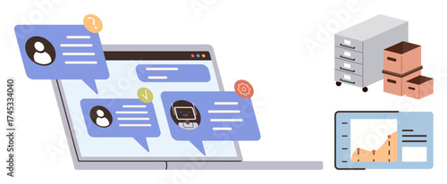 Laptop with message pop-ups, document archive cabinets, and analytics dashboard highlight concepts thumbs up team communication, data storage, and productivity. Ideal for tech, workflow, data