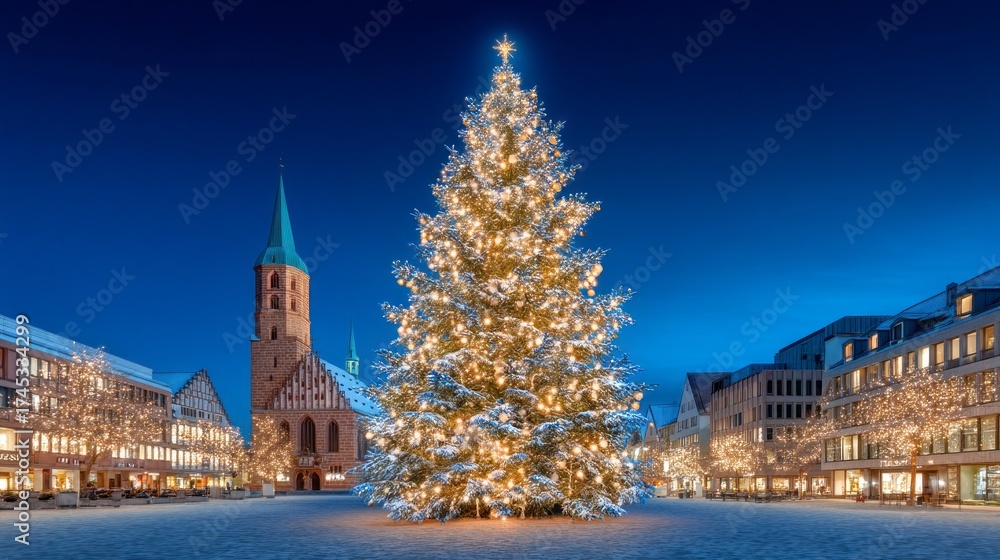 Obraz premium Festive tree lights up historic square in the evening during winter celebrations