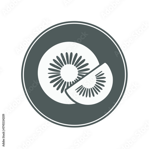Monochrome kiwi fruit icon with slice in a circle simple vector graphic for food and diet