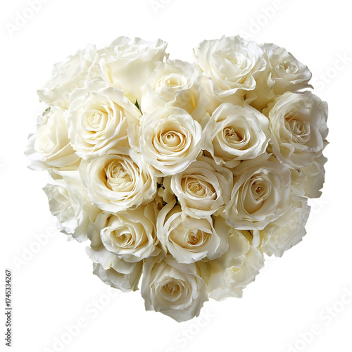 A beautiful bouquet of white roses arranged in a heart shape, isolated on transparent background, symbolizing love and romance for special occasions like weddings and anniversaries