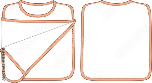 Baby bib technical flat sketch, front and back view, square rounded design, layered construction, stitched trim, infant clothing, cad drawing flat vector illustration
