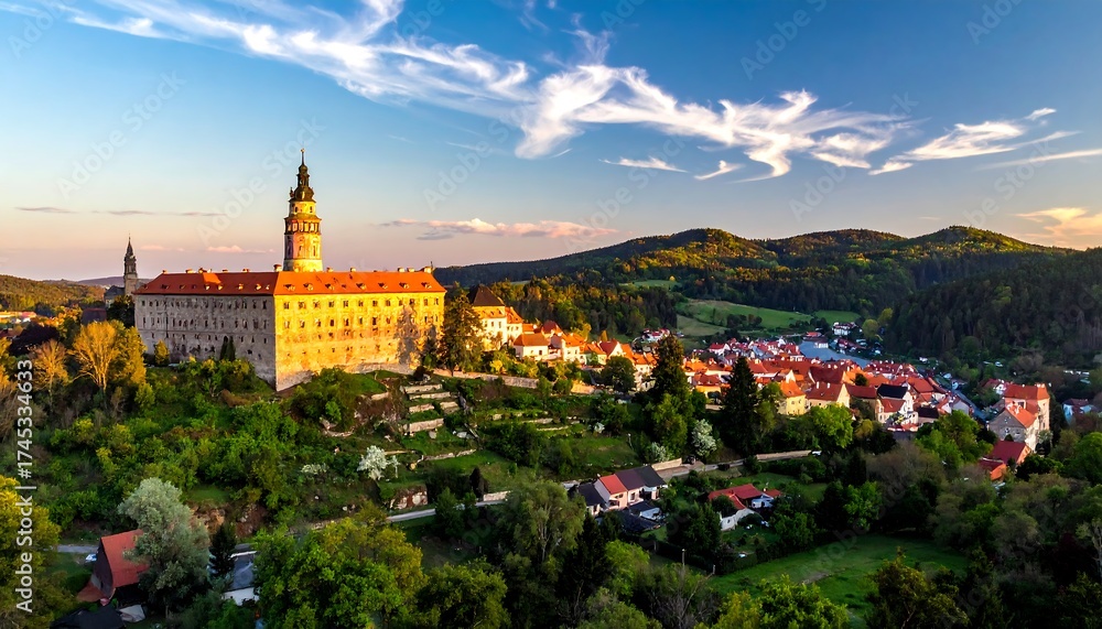 Obraz premium Aerial view of a historic castle and town