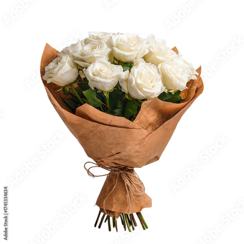 A beautiful bouquet of fresh white roses, elegantly wrapped in brown paper and isolated on a transparent background, perfect for expressing love and admiration