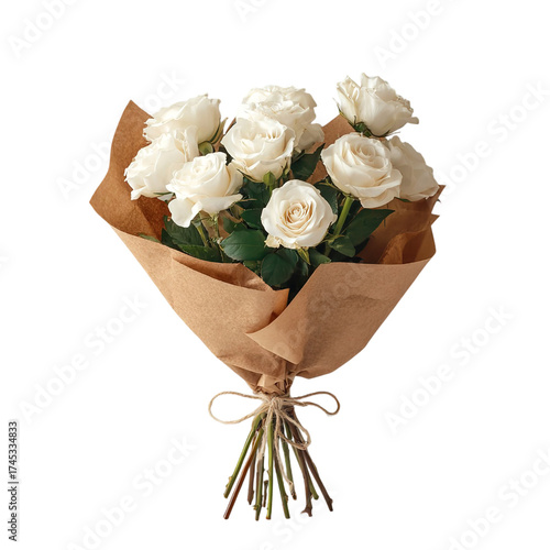 A beautiful bouquet of white roses, elegantly wrapped in brown paper and tied with twine, isolated on transparent background