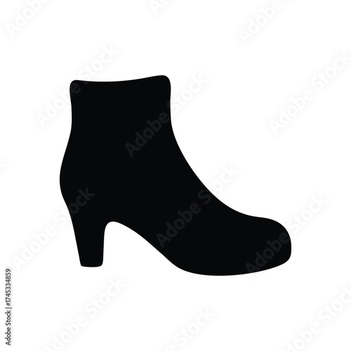 Elegant black silhouette of a woman's ankle boot with a block heel perfect for fashion illustrations, apparel design, footwear graphics and design projects