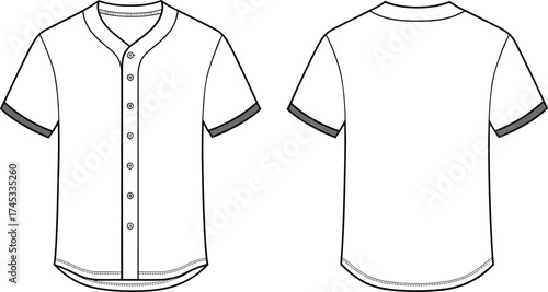 Baseball jersey technical flat sketch, front and back view, short sleeve, button down, v-neck collar, curved hem, cad drawing flat vector illustration