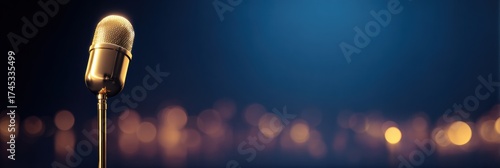 Creative abstract business background with golden metallic microphone glowing spotlight dots on blue purple stage for music competition speech event award ceremony. Modern commercial backdrop design.