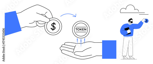 Hand exchanging coin with dollar sign for token, user holding tablet under cloud. Ideal for blockchain, cryptocurrency, finance, trade, digital transactions, fintech investment. Simple flat metaphor