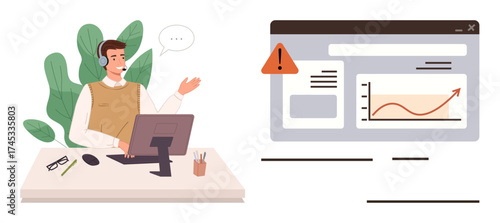 Customer support agent with headset at desk, discussing software error on computer screen, data graph trend. Ideal for customer service, troubleshooting, software, tech support, growth, analytics