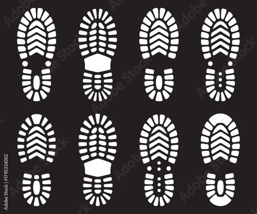 Boot Shoe Sole Print Vector Set – Grunge Footprint Silhouette Icons on Black Background