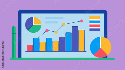 A colorful chart and graphs displayed on a screen illustrating a statistics session from a virtual workshop on business trends.