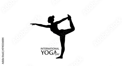 Silhouette of a woman in a yoga pose for international yoga day the silhouette is black, and the background is white the woman is in a dancer pose