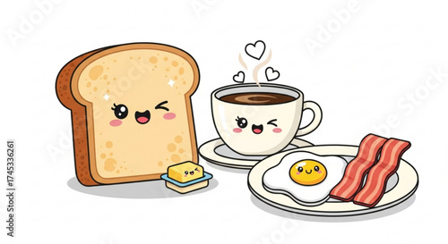 A cute breakfast scene with toast, coffee, egg, and bacon, all with kawaii faces, , perfect for food illustrations and cheerful mornings