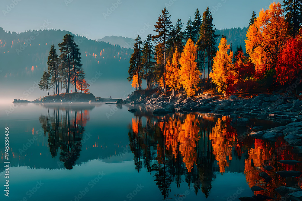 Naklejka premium Serene Autumn Lakeside Scenery with Vibrant Foliage and Reflections - Nature's Tranquil Retreat