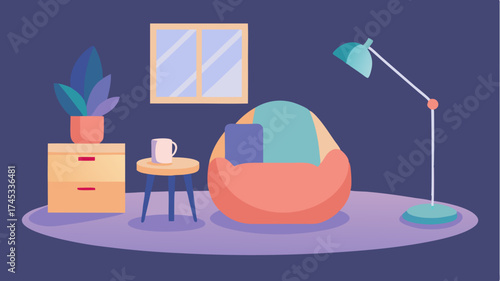 A cozy nook featuring a large bean bag chair a small round table and a soft floor lamp creating an inviting and functional workspace.