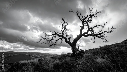 Monochrome Landscape of a Bare Tree Silhouetted Against Dramatic Sky and Hills in Background with Sunlight Peeking Through the Clouds in Atmospheric Scene