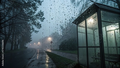 Raindrops on glass. Cloudy rainy day mood photo background. Generative AI.