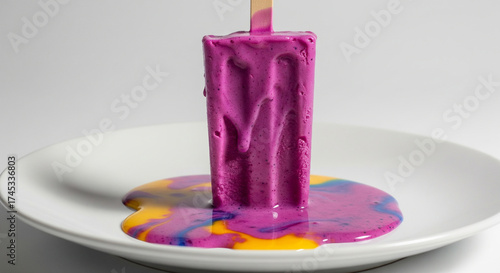 A vibrant purple popsicle melting on a white plate with colorful drips.