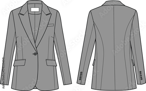 Blazer jacket technical flat sketch, front and back view, notched lapel, single button closure, flap pockets, tailored garment, cad drawing flat vector illustration