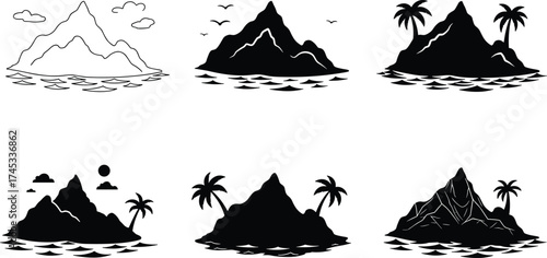 Island silhouette mountain landscape with palm trees, ocean waves, tropical nature scenery, minimal flat design, vector illustration for travel, summer, vacation