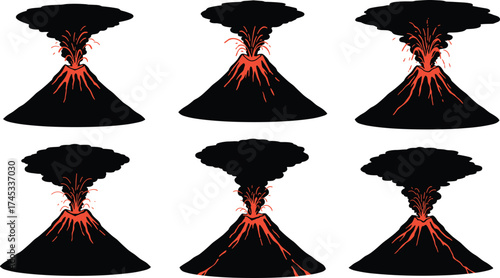 Volcano eruption silhouette vector illustration, exploding mountain with lava, ash cloud, smoke, magma, natural disaster background, geology nature drawing, volcanic landscape art