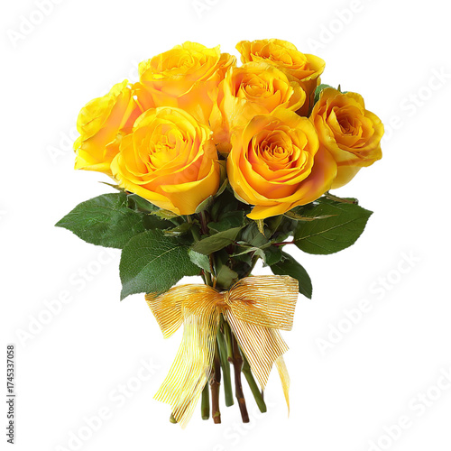 A beautiful bouquet of vibrant yellow roses tied with a golden ribbon, isolated on a transparent background, perfect for expressing joy and friendship
