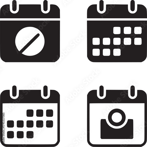 Four black calendar icons with different symbols on a white background in a square arrangement