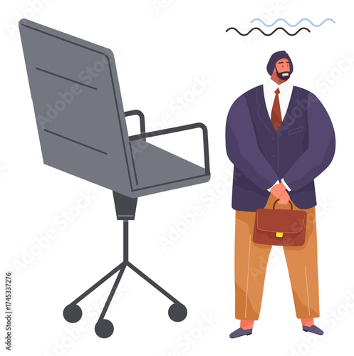 Businessman holding a briefcase near an office chair. Ideal for career growth, job interviews, leadership, professionalism, hiring processes, work-life balance, simple flat metaphor