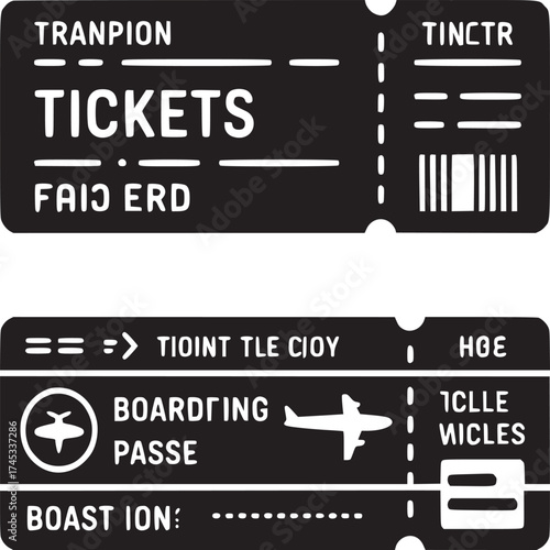 Two stylized black and white tickets one labeled tickets and one labeled boarding passe in vector format