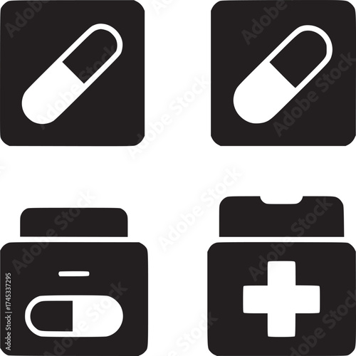Black and white icons of capsules and medicine containers arranged in a square formation on white