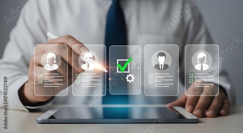 Photo of recruitment and hiring process businessman selecting a candidate profile from a list of options on a tablet, representing hr and talent acquisition