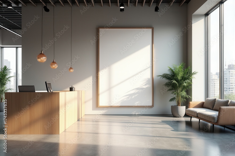 Fototapeta premium Modern office lobby with a blank mockup frame and reception desk.