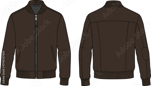 Bomber jacket technical flat sketch, front and back view, ribbed collar cuffs hem, zipper closure, side pocke