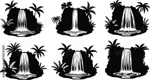 Tropical waterfall silhouette illustration, exotic jungle scenery, palm trees and water stream, black and white nature landscape, vector drawing, flat design