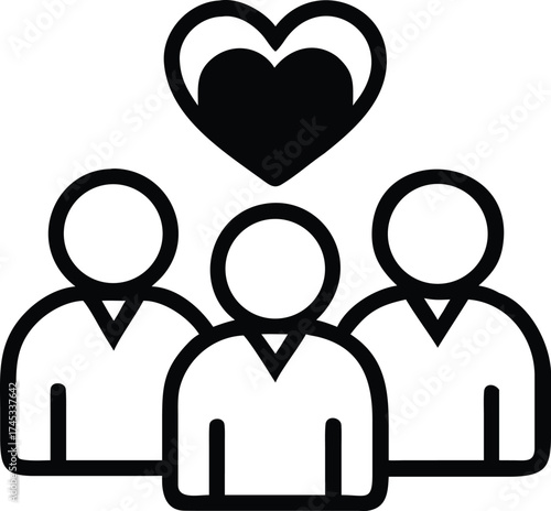Flat line icon of a group of people with a red heart in the middle isolated on white background