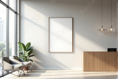 Modern office lobby with a blank mockup frame and reception desk.