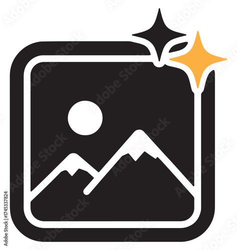 A modern graphic icon representing a digital image or photo gallery with enhancement sparkles.