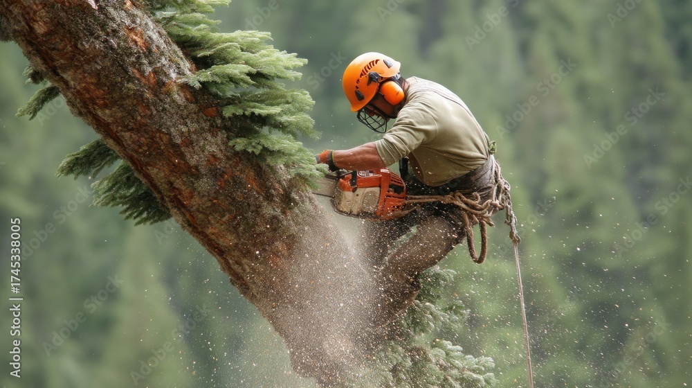 Naklejka premium Tree cutting in the forest during daytime with a lumberjack using a chainsaw