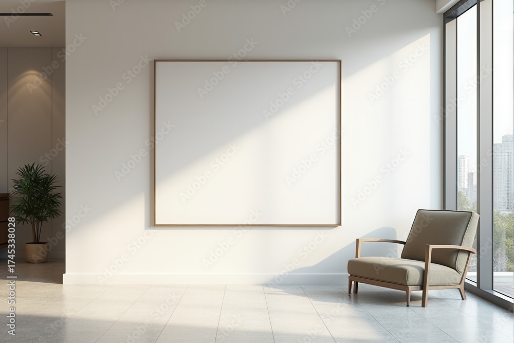 Fototapeta premium Modern office lobby with a blank mockup frame and reception desk.