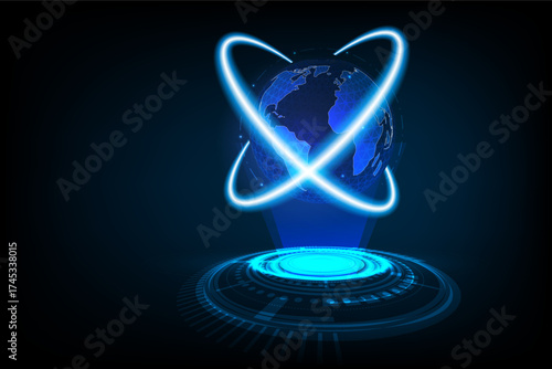 Blue glowing holographic Earth with futuristic digital rings and technology interface design