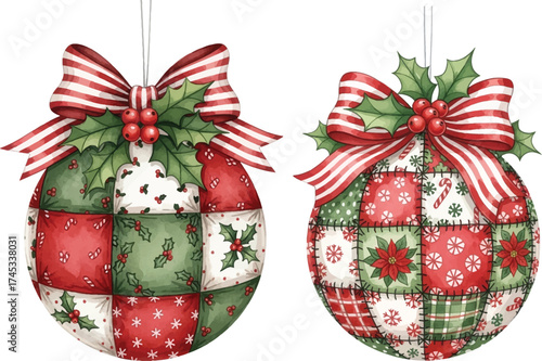 Quilted Christmas Ornament Watercolor Clipart with Holly and Bows
