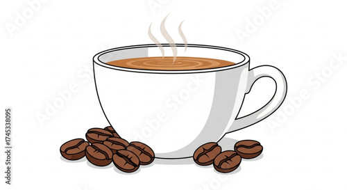 Coffee cup with coffee bean hot coffee in a white cup with steam and coffee bean vector illustration of coffee break time