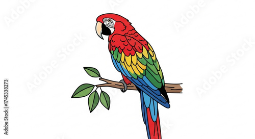 A colorful macaw perched on a branch, showcasing its vibrant plumage and striking features, a captivating illustration of natures beauty