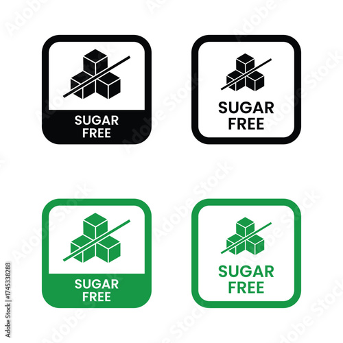 Sugar free icons. Zero sugar label. Set allergen free icons. Allergen free products. Sugar free logo, label, badge, sticker, symbol, emblem, black, circle, line, vector, isolated illustration