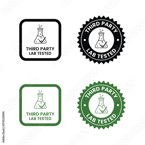 3rd party lab tested icon. Third party laboratory approved product quality certificate symbol. Clinically certified formula for cosmetic packaging vector.