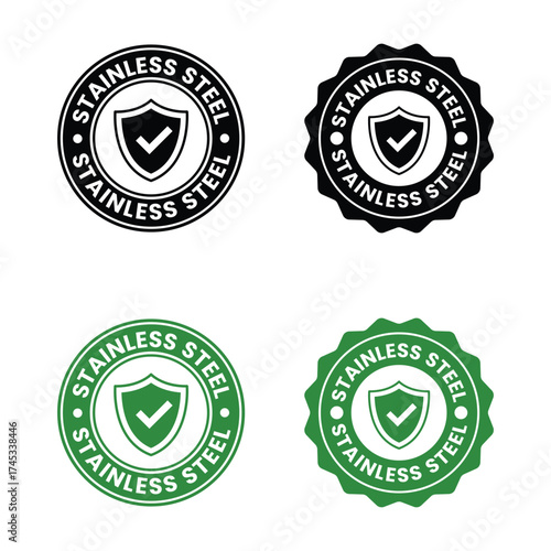 Stainless Steel packaging stamp for product labels. Metal items vector sticker.