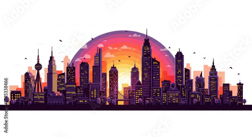 Vibrant cityscape silhouette with a colorful sunset, capturing the essence of urban life and architectural beauty