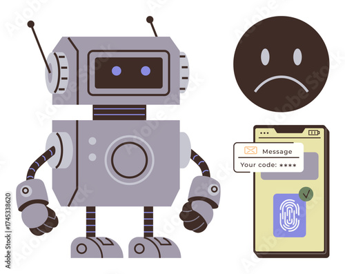 Robot standing with antenna ears, smartphone displaying secure code and fingerprint scan, sad face highlighting cyber issues. Ideal for technology, security, robotics, automation, AI, messaging