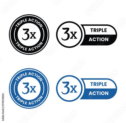 Triple Action - vector label for packaging label design. Triple Action sign, logo, badge, icon, sticker, label, emblem, stamp, symbol, black, line, flat vector, isolated illustration.