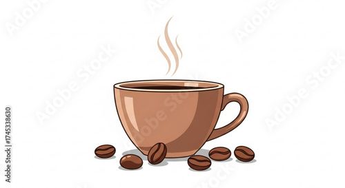 A cup of coffee with steam rising from it and coffee beans scattered around it, the cup is brown and the beans are dark brown
